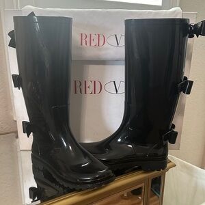 RED Valentino Glossy Black Bow Rain Boots